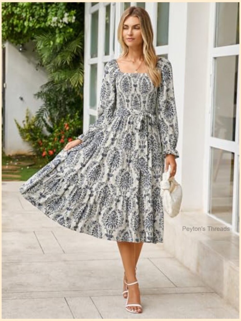Long Sleeve Maxi Dress Square Neck Smocked Flowy Tiered Wedding Guest - Picture 2 of 7